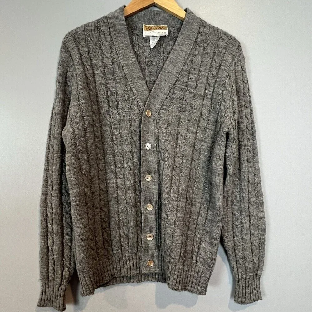 Mens Vintage Gray Cardigan Sweater Jantzen Country Squire Size Large Grandpa